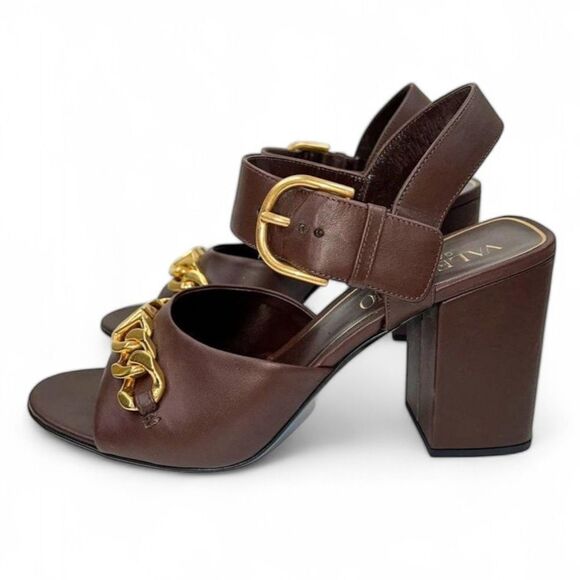 VALENTINO GARAVANI Brown Open Toe Gold VLogo Block Heel Sandals Size EU39 - Picture 2 of 16